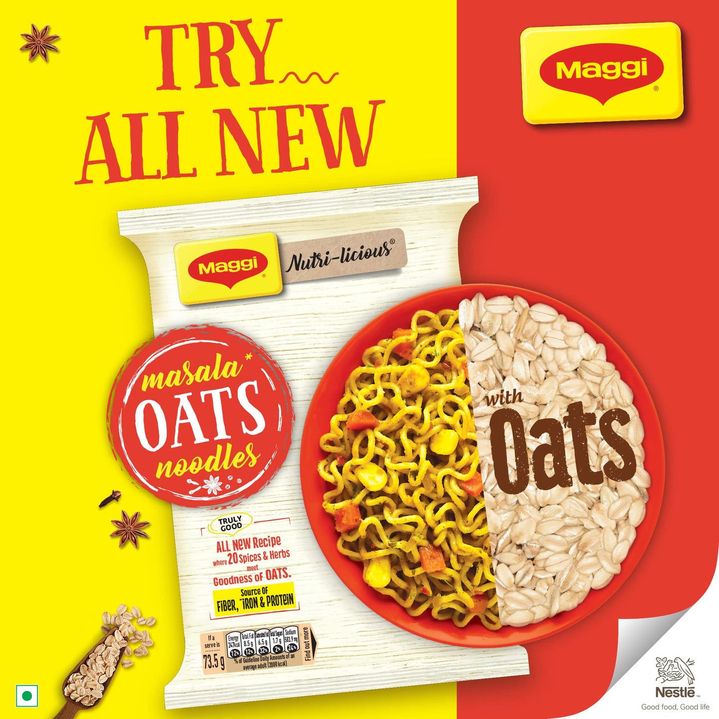 Nestle Maggi Nutri-Licious Oats Masala Noodles, 75 Grams Pack, - Vegetarian, India