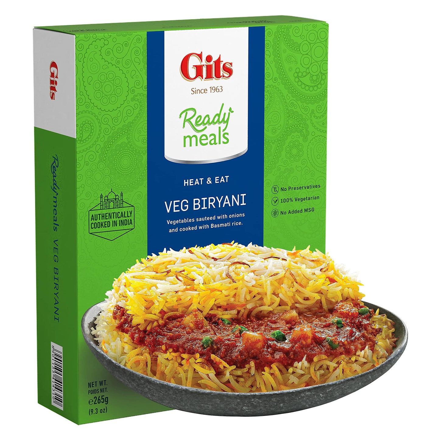 Gits Vegetable Biryani long grain aromatic Indian Basmati rice. Microwave for 1-2 mins | Ready to Eat Entre | 46.5 Oz (Pack of 5 X 9.3 Oz each)