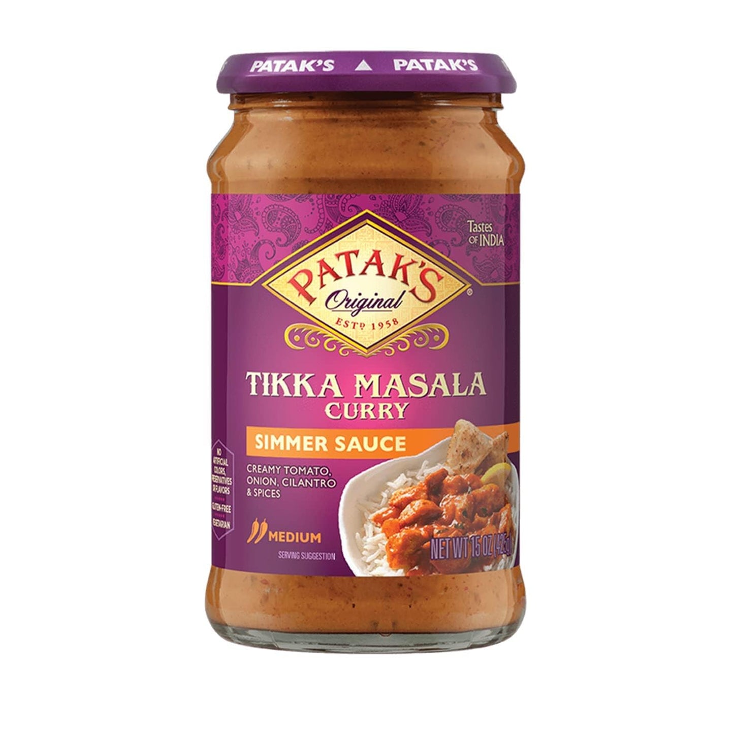 Patak's Tikka Masala Simmer Sauce - 15 Oz (Pack of 3) With Creamy Tomato, Onion, Cilantro, and Spices, No Artificial Flavors, Gluten Free, Vegetarian Friendly