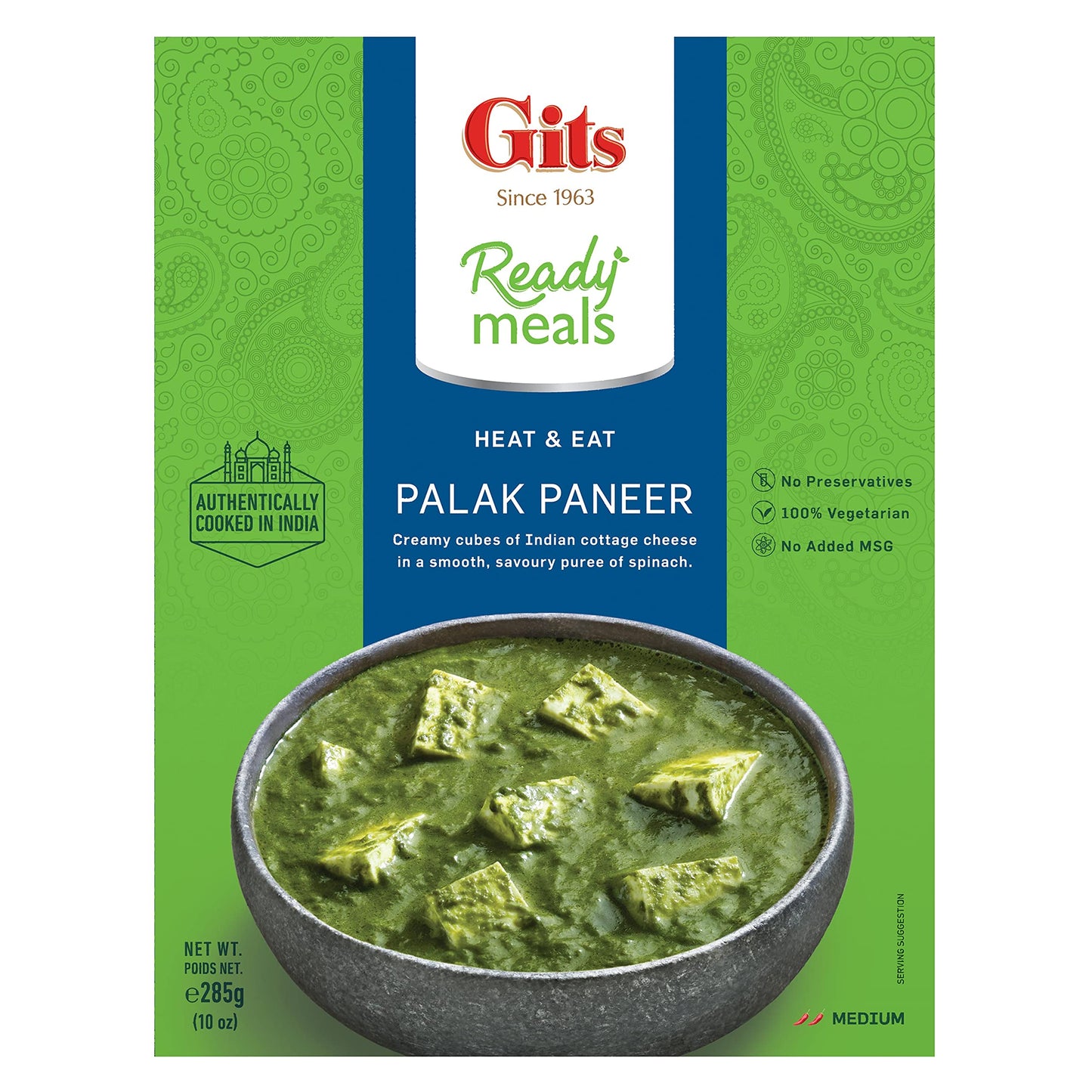 Gits Palak Paneer (Cubes of Sauted Cottage Cheese in rich spinach Gravy). Very light spicy | Microwave in 2 mins - Ready to Eat Entre | 50 Oz (Pack of 5 X 10 Oz each )