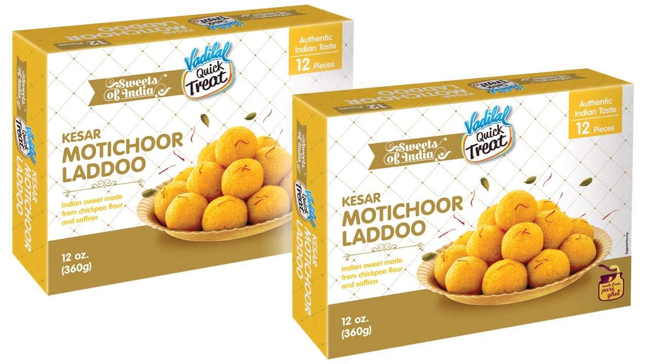 Vadilal Kesar Motichoor Laddoo 360 Grams (12pcs) Twin Pack Authentic Indian Sweets Made With chickpea Flour & Saffron.