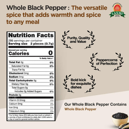 Laxmi Whole Black Pepper 7 Oz - Food / Masala / Dal