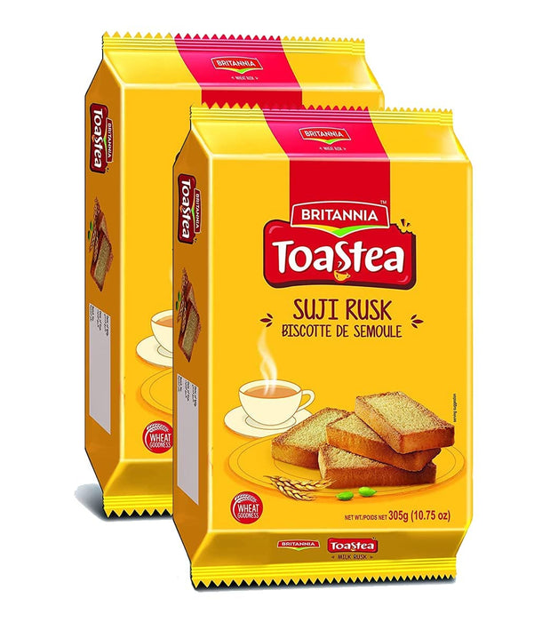 BRITANNIA Toastea Suji Rusk 10.75oz (305g) - Biscotte De Semoule - Crispy Tea Time Snack - Crispy Crunchy Toast - Halal and Suitable for Vegetarians (Pack of 2)