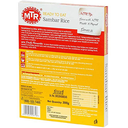 MTR Ready to Eat Just Heat and Eat | No Preparation | No additives | Gluten Free | Pack of 5 | Sambar Rice 300gms