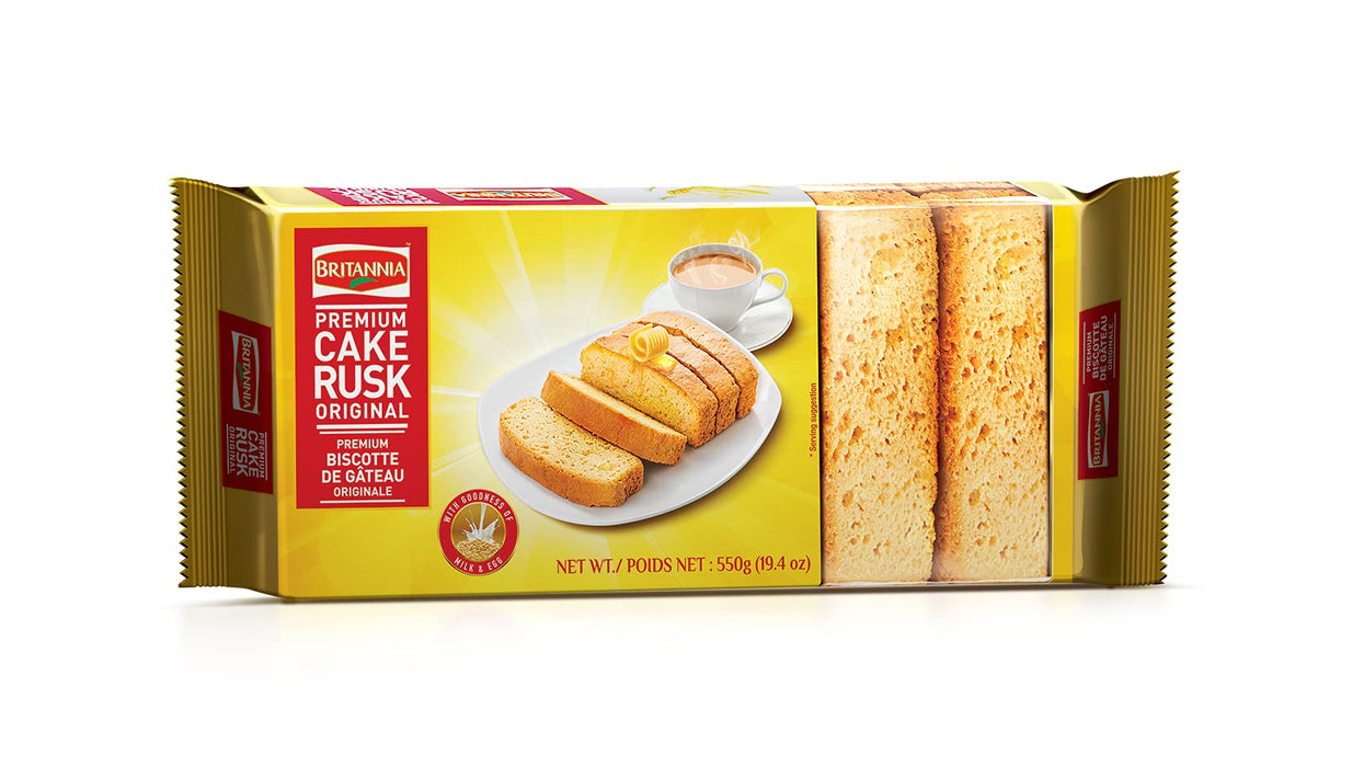 BRITANNIA Premium Cake Rusk 19.4oz (550g) - Goodness of Milk and Egg - Delightfully Smooth, Soft and Delicious Cake - Breakfast & Tea Time Snacks (Pack of 1)