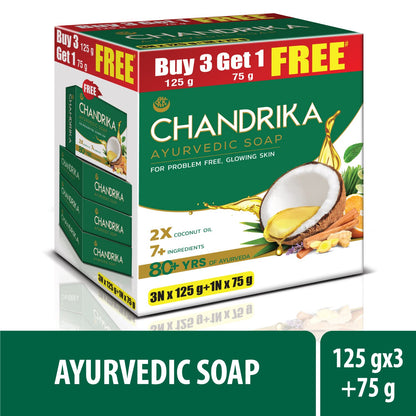 chandrika oval, 4 soaps, 3 of 125 grams and 1 of 75 grams