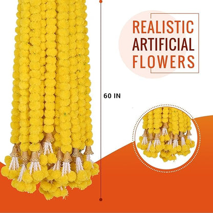 Marigold Garland for Decoration 5 Pcs of 5 feet Long Strands Artificial Marigold Flowers with Bell, Indian Dcor for Pooja/Diwali/Wedding/Christmas (Yellow)