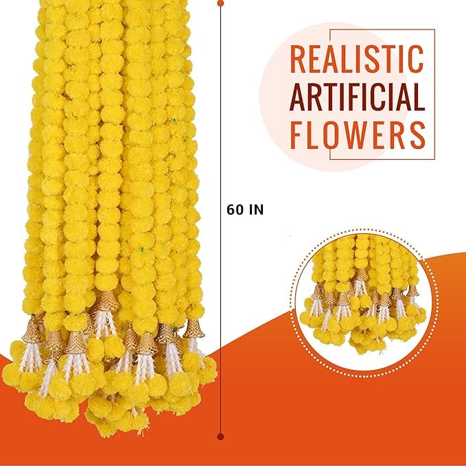 Marigold Garland for Decoration 5 Pcs of 5 feet Long Strands Artificial Marigold Flowers with Bell, Indian Décor for Pooja/Diwali/Wedding/Christmas (Yellow)