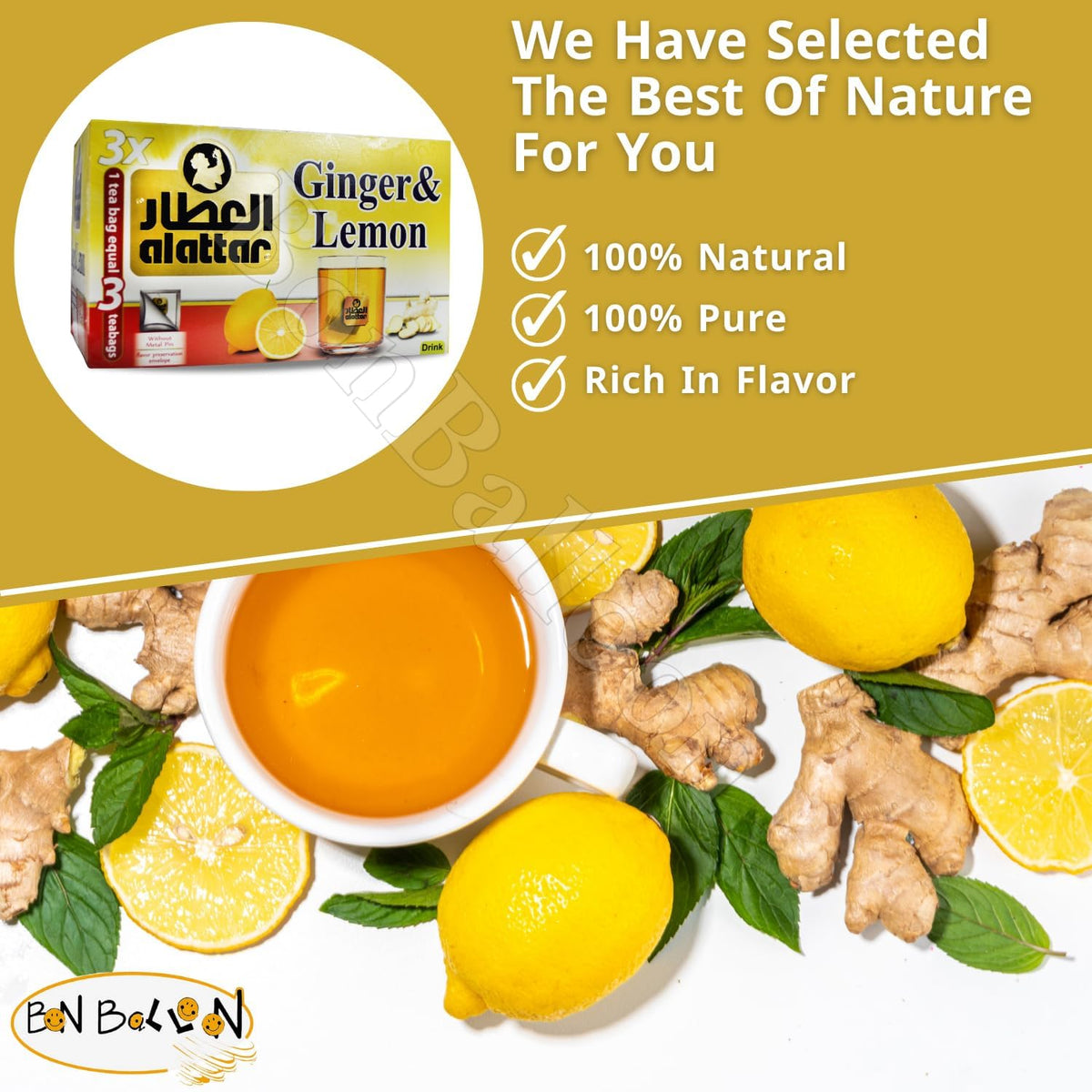 AlAttar Tea Herbal Ginger & Lemon Flower Al Attar Egyptian ElAttar Egypt Herbals Herb Arab Herbs Arabic No Additives Non Gmo Kosher Halal (20 Tea Bag)