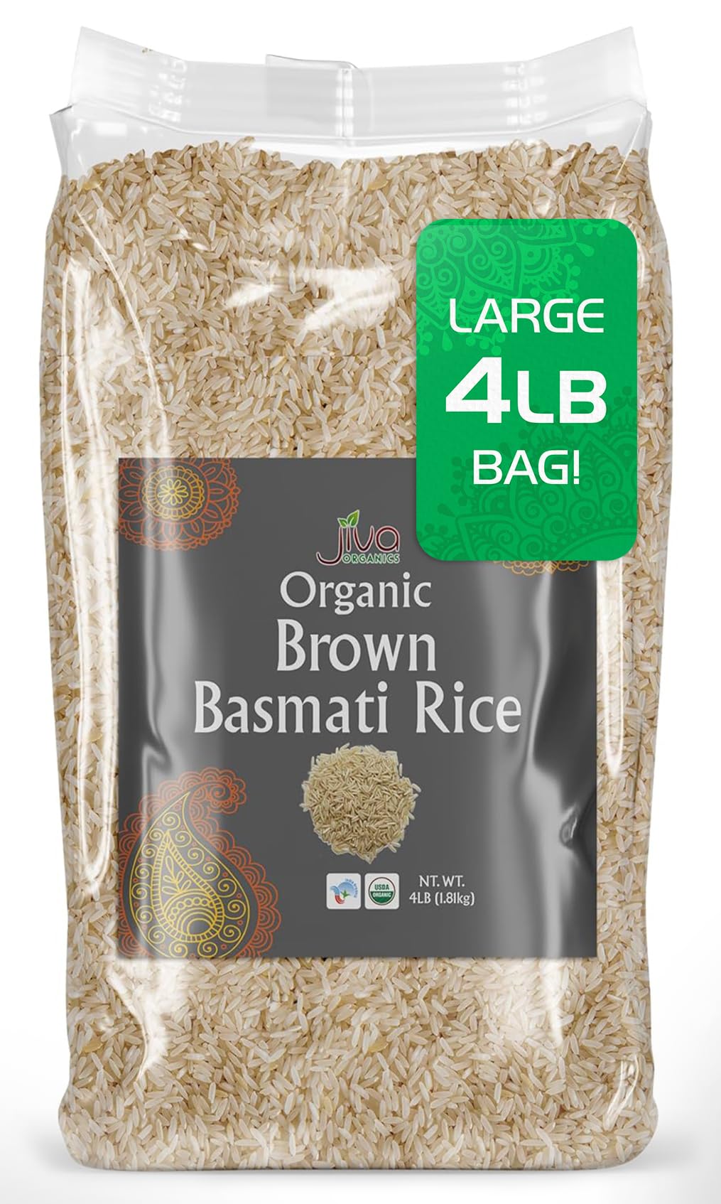 Jiva Organic Brown Basmati Rice 4 Pound Bag - Premium Quality from India