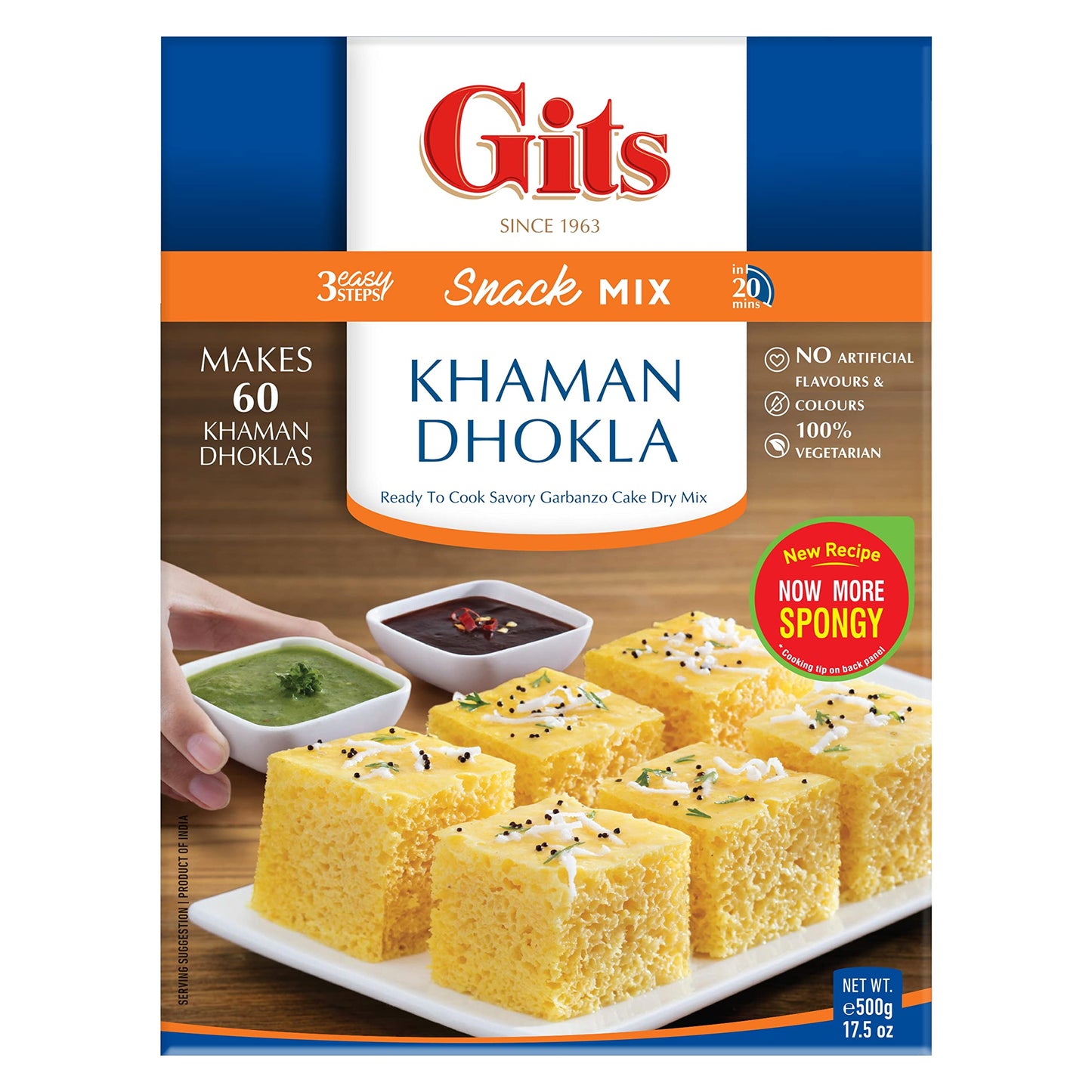 Gits Khaman Dhokla Instant mix 87.5 Oz (Pack of 5X17.5 Oz each) Ready to Cook Indian Breakfast, Snack Meal | 100% Vegetarian, Easy Recipe, No Artificial Colors, Flavors, Preservatives.
