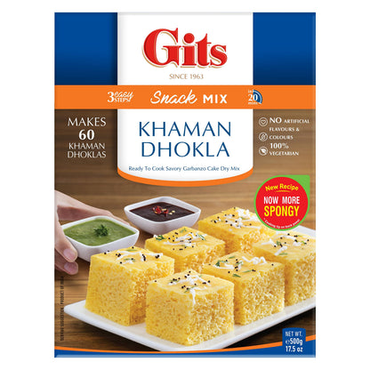 Gits Khaman Dhokla Instant mix 87.5 Oz (Pack of 5X17.5 Oz each) Ready to Cook Indian Breakfast, Snack Meal | 100% Vegetarian, Easy Recipe, No Artificial Colors, Flavors, Preservatives.