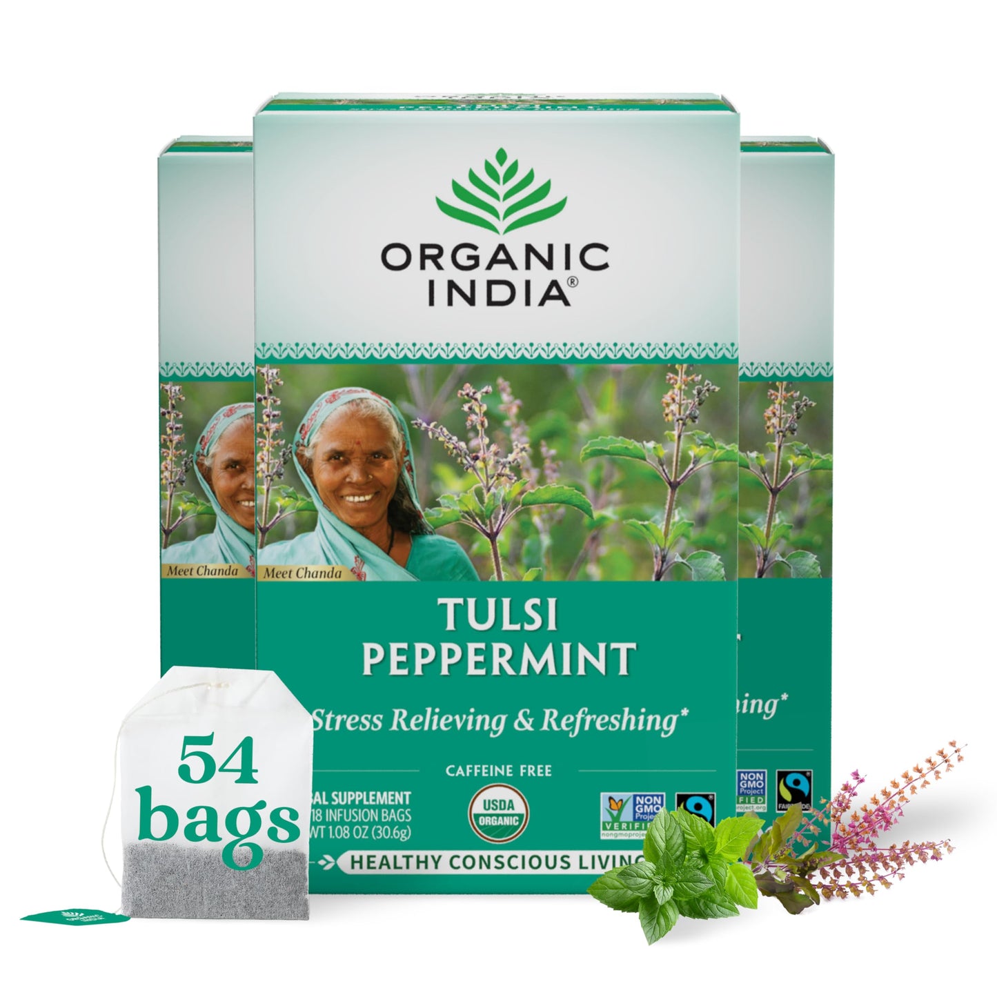 Organic India Tulsi Peppermint Herbal Tea - Stress Relieving & Refreshing, Immune Support, Aids Digestion, Vegan, USDA Certified Organic, Fairtrade, Caffeine-Free - 18 Infusion Bags, 3 Pack