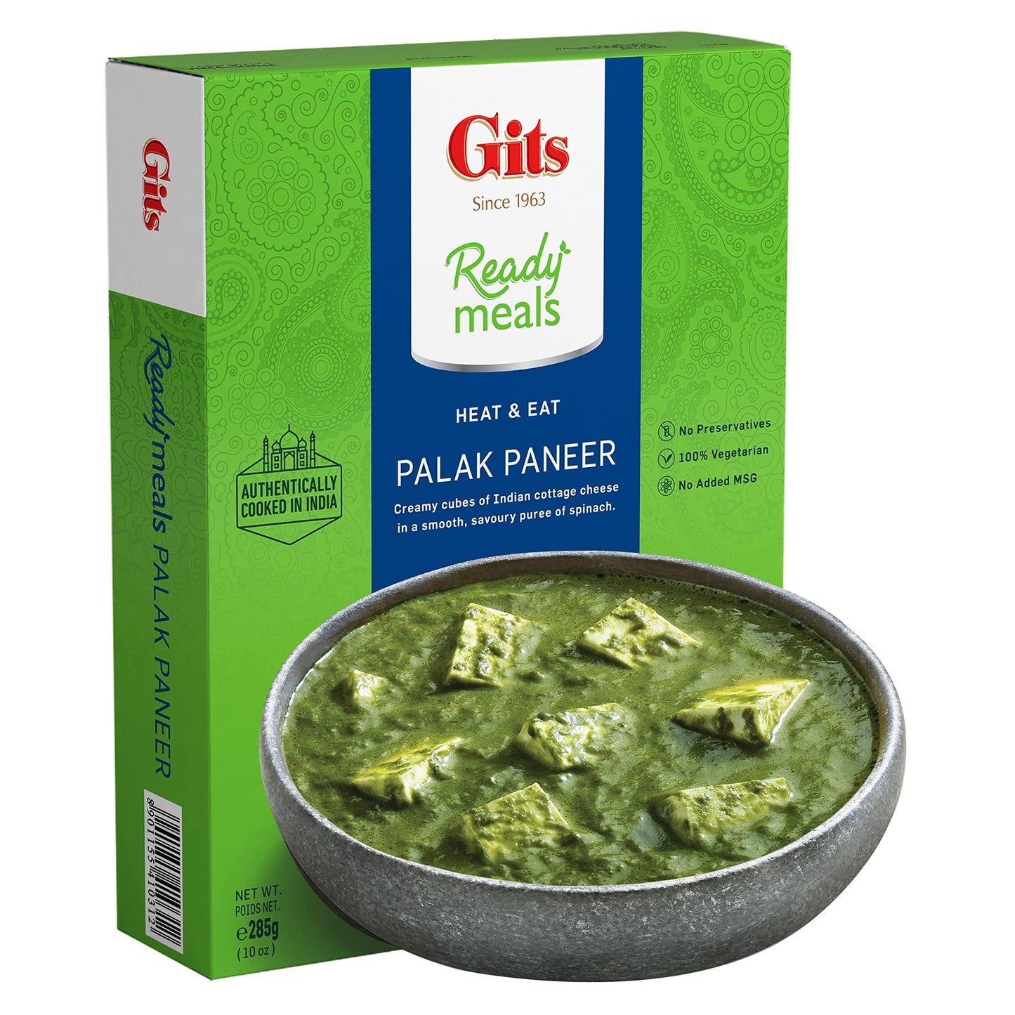 Gits Palak Paneer (Cubes of Sauted Cottage Cheese in rich spinach Gravy). Very light spicy | Microwave in 2 mins - Ready to Eat Entre | 50 Oz (Pack of 5 X 10 Oz each )