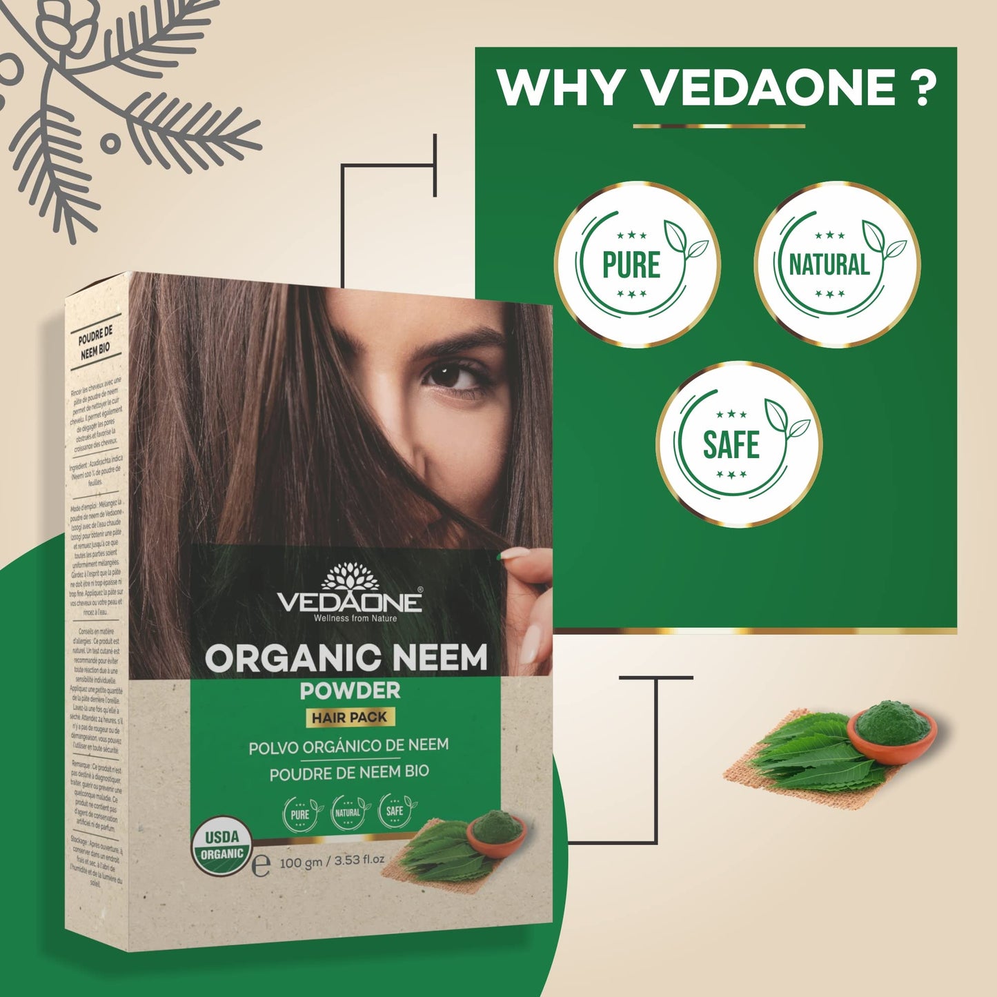 Vedaone Organic Neem Hair Powder 100gm (3.53 Ounce (Pack of 1))