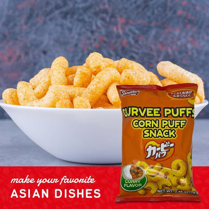 Shirakiku Curvee Corn Puff Snack | Corn Grits, Ginger powder, Cumin Seed, Tomato powder, Palm oil | Authentic Japanese Snacks in Curry Flavor | 2.46 oz Pack of 2
