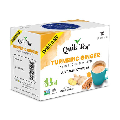 Quik Tea Unsweetened Turmeric Ginger Instant Chai Tea Latte - 40 Count (4 Boxes of 10 Each) - Preservative Free, All Natural Ingredients