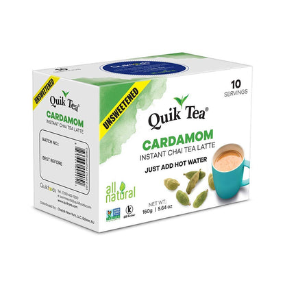 QuikTea Unsweetened Cardamom Chai Tea Latte - 100 Count (10 Boxes of 10 Each) - All Natural Preservative Free Authentic Instant Chai