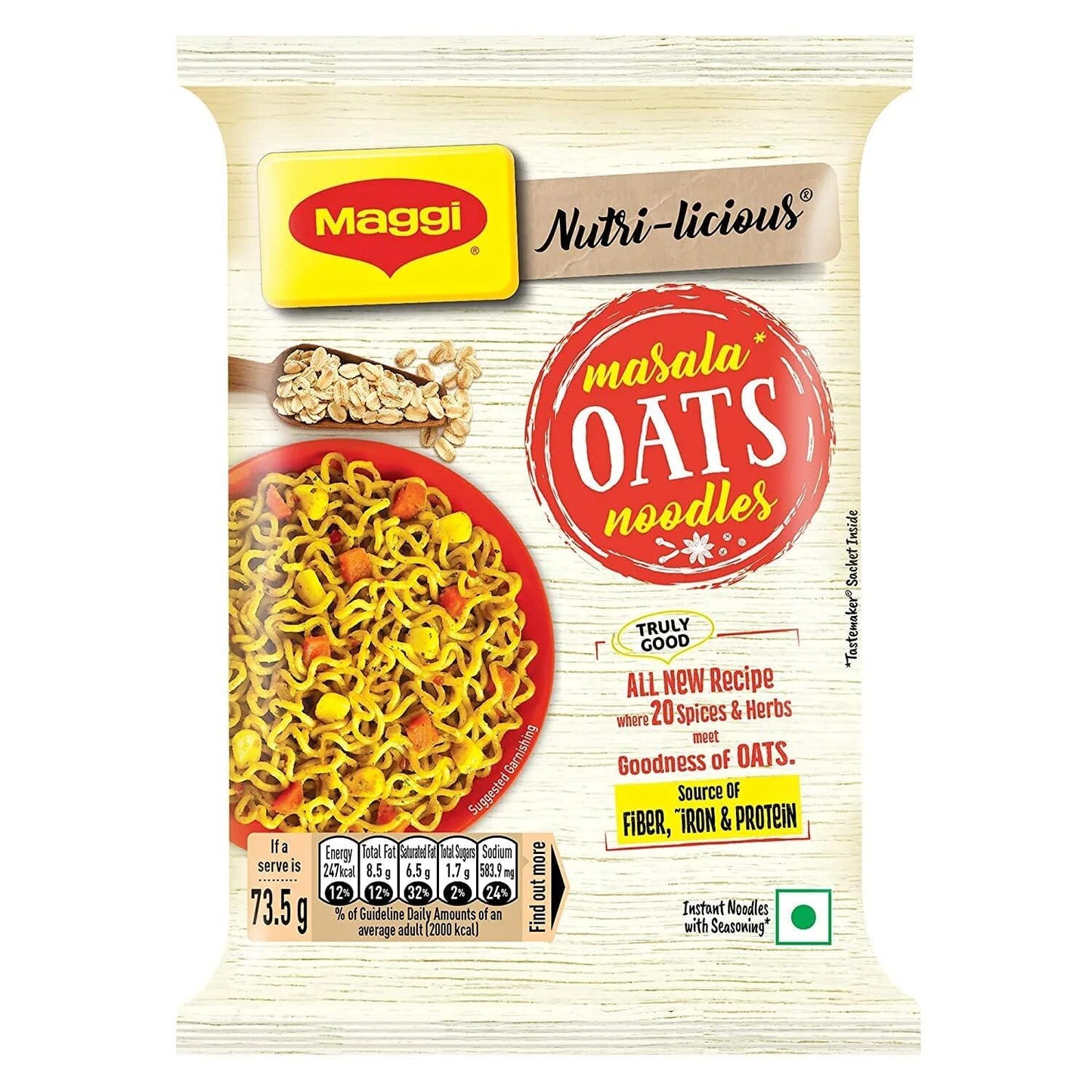 MAGGI Nutri-Licious Masala Oats Instant Noodles, Goodness of Oats with 20 Spices & Herbs, Source of Fiber, Iron & Protein, Easy to Make Instant Noodles 73.5g Pouch