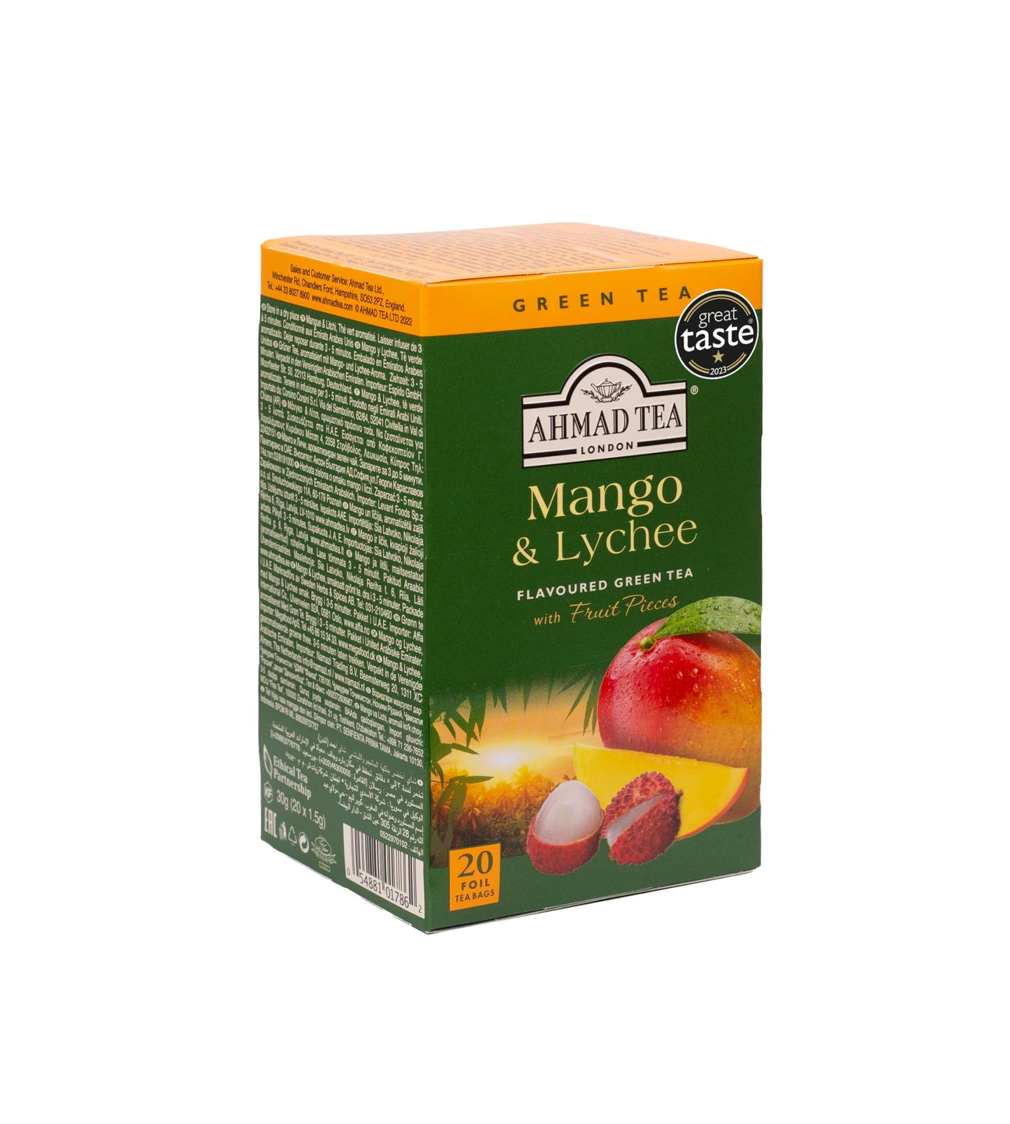 Ahmad Tea Green Tea, Mango & Lychee Teabags, 20 ct (Pack of 1) - Caffeinated & Sugar-Free