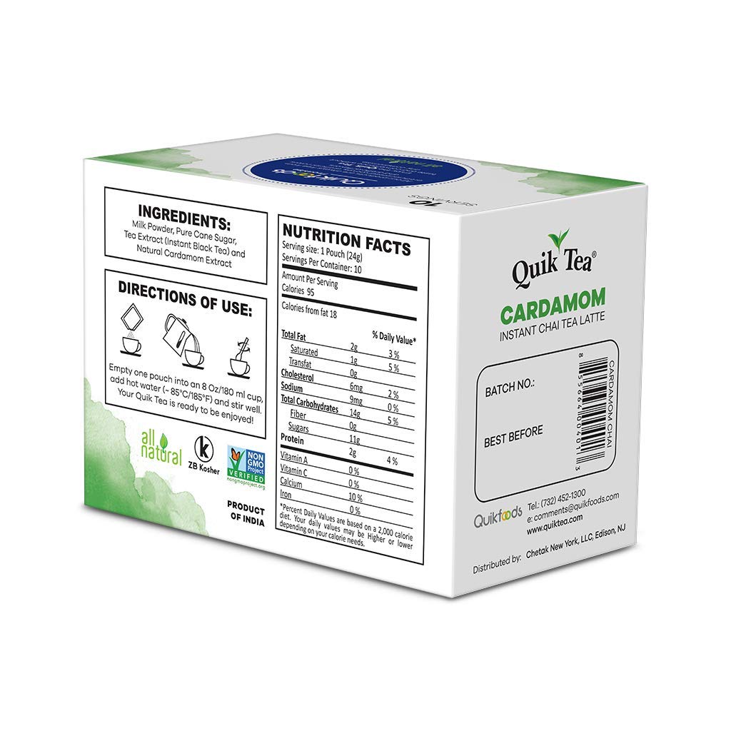 QuikTea Cardamom Chai Tea Latte - 40 Count (4 Boxes of 10 Each) - All Natural Preservative Free Authentic Instant Chai from Assam
