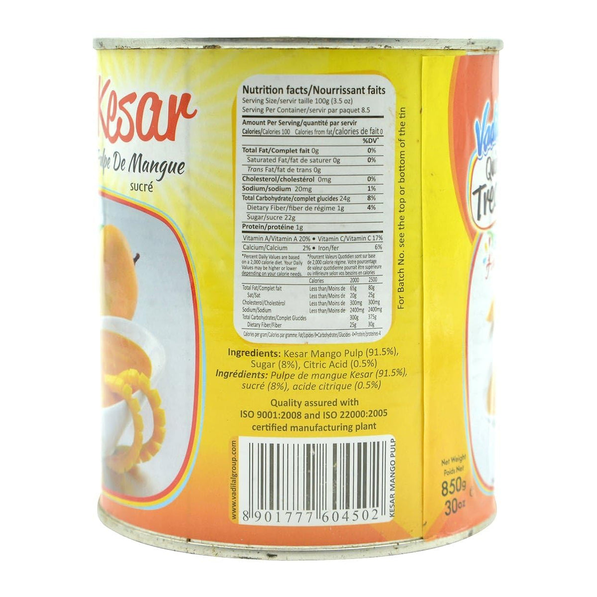 Vadilal Kesar Mango Pulp Tin (Sweetened) 850 Gms