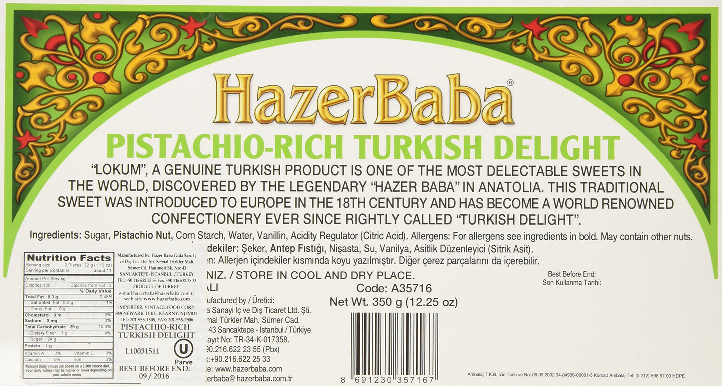 Hazer Baba Turkish Delight Double Roasted Pistachio-rich 350 g (12.25 oz) by Hazer Baba [Foods]
