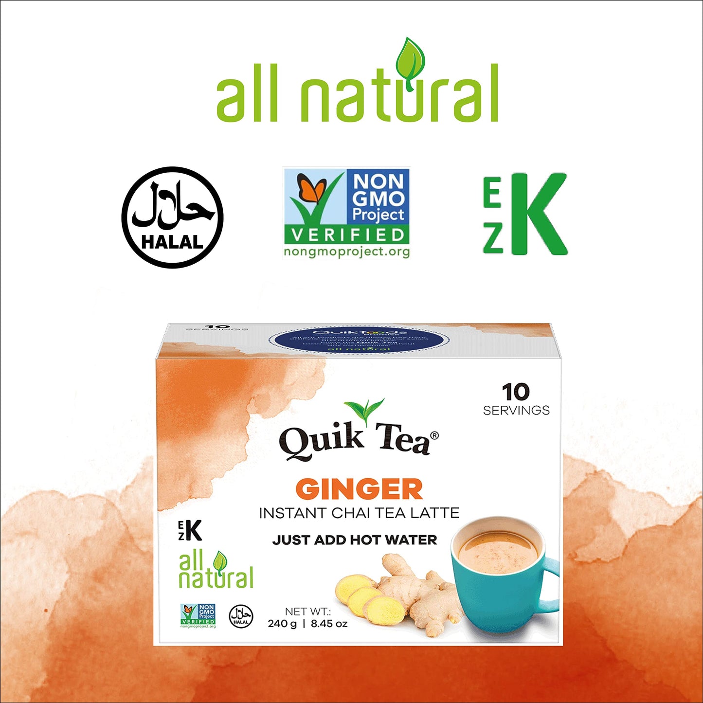 QuikTea Ginger Chai Tea Latte 10 Count, Bold Ginger Flavor, Naturally Caffeine-Light, no preservatives, No Sugar Added Just Add Hot Water