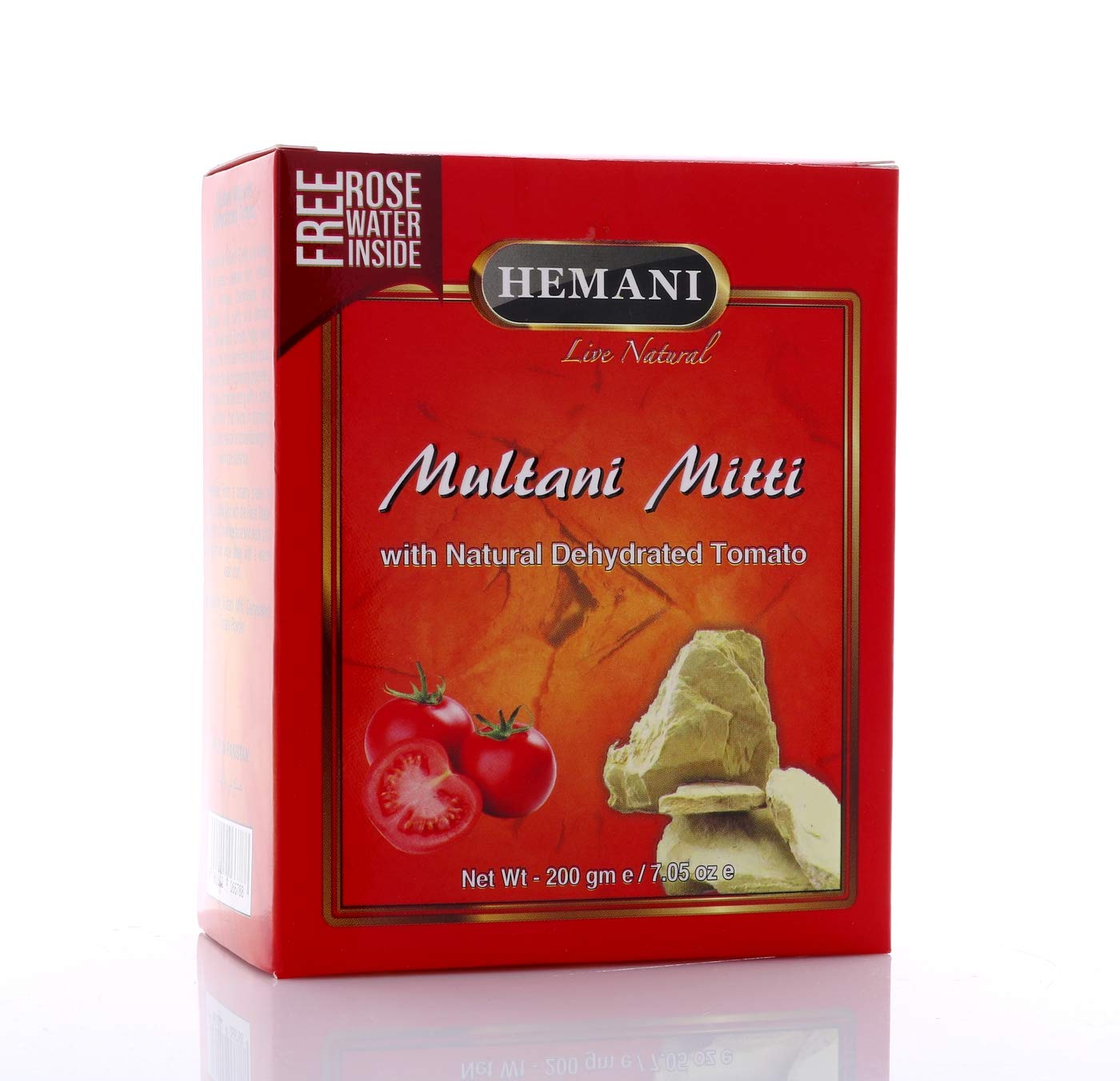 Hemani Multani Mitti with Dehydrated Tomato 200g (7.1 OZ) - Fuller's Earth - Nature's Skin Cleanser - with FREE Rose Water in Box