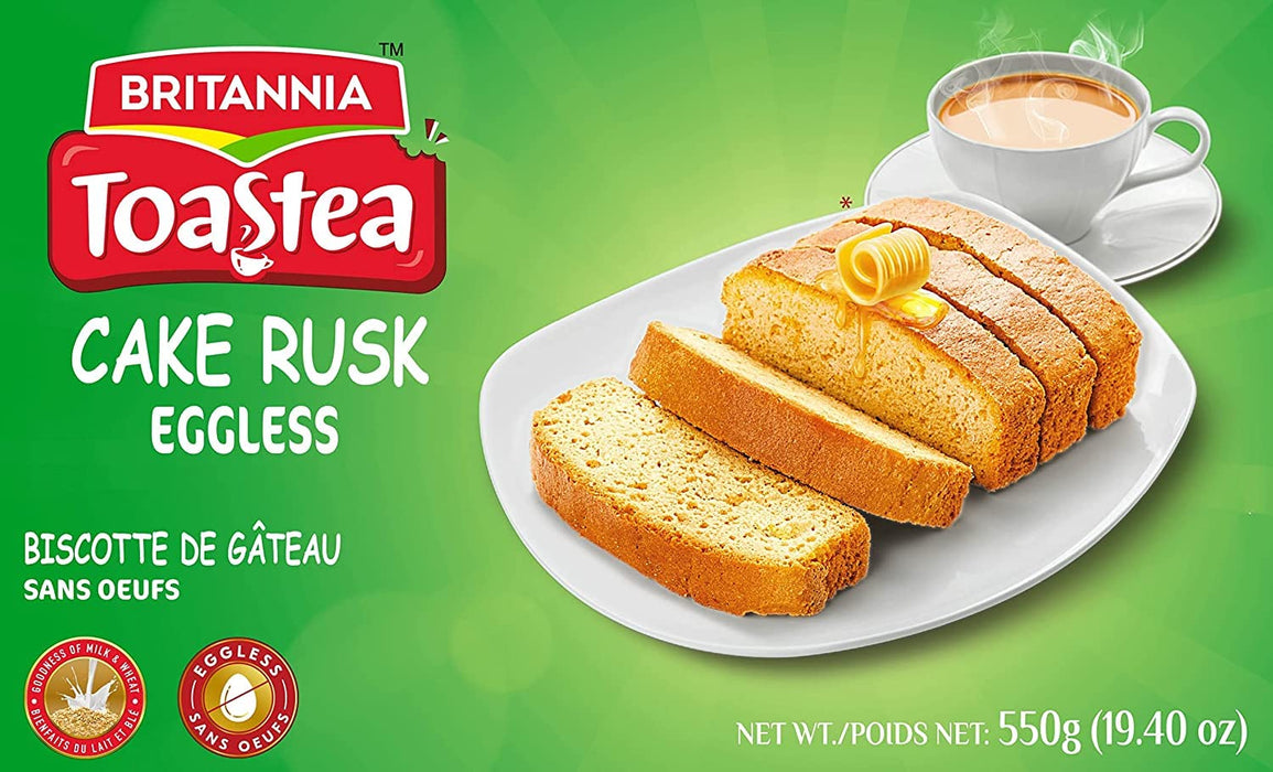 Britannia Toastea Eggless Rusk Cake 19.40oz (550g) - Delightfully Smooth, Soft, and Delicious Cake - Breakfast & Tea Time Snacks - Suitable for Vegetarians (Pack of 3)