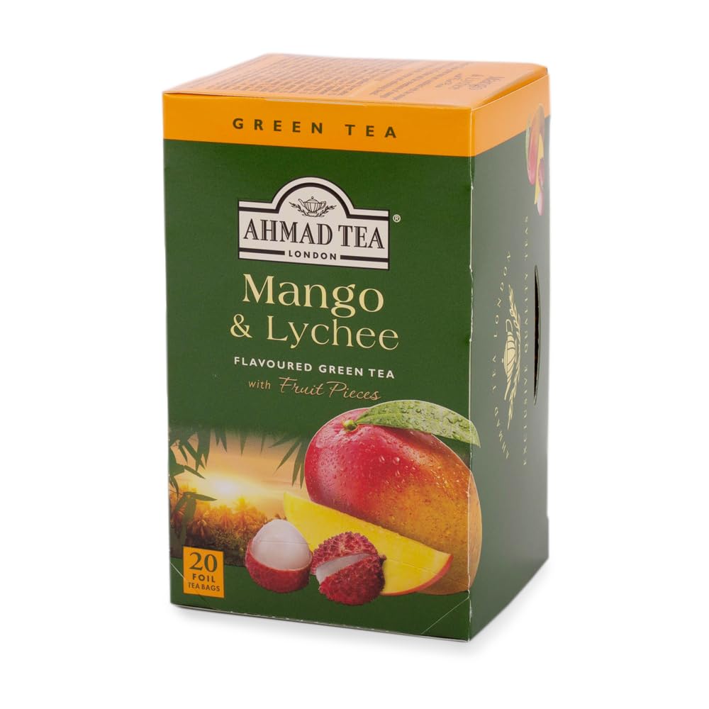 Ahmad Tea Green Tea, Mango & Lychee Teabags, 20 ct (Pack of 1) - Caffeinated & Sugar-Free
