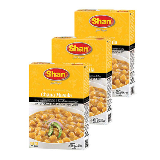 Shan Chana Masala Recipe and Seasoning Mix 3.52 oz (100g) - Spice Powder for Punjabi Style Mild Chickpeas Curry - Suitable for Vegetarians - Airtight Bag in a Box (Pack of 3)