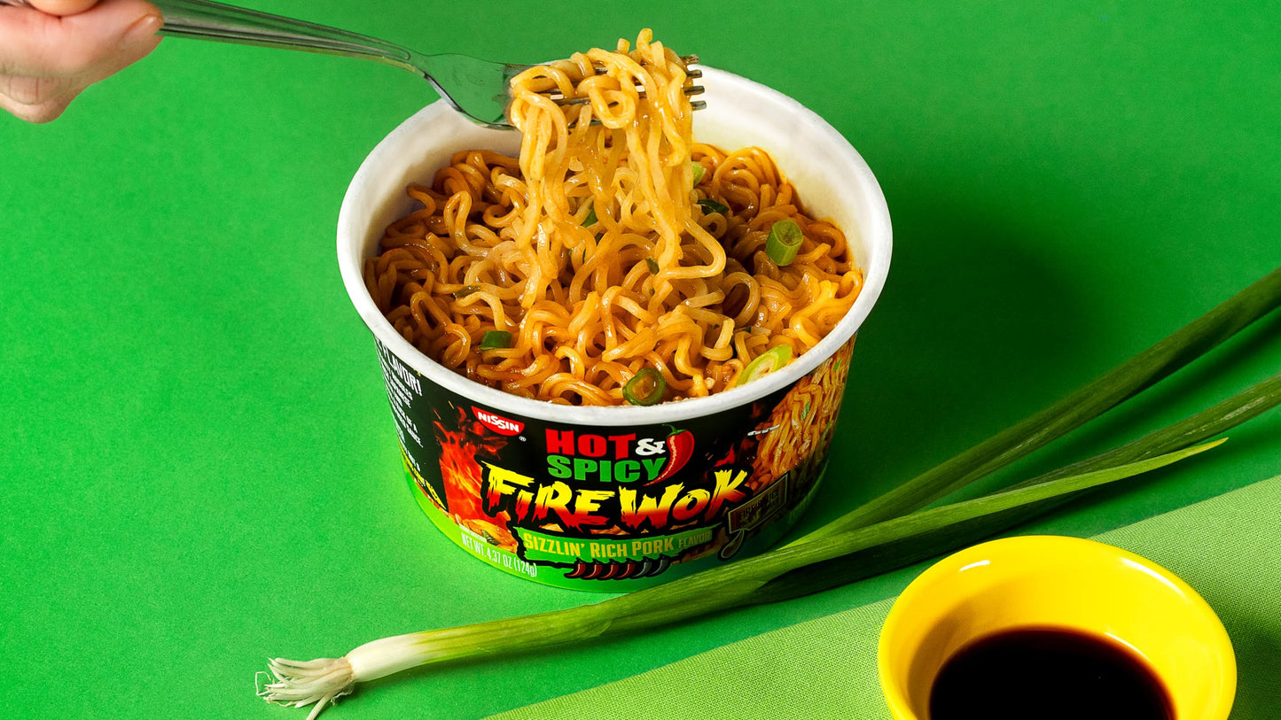 Nissin Hot & Spicy Fire Wok, Sizzlin' Rich Pork, 4.37 Ounce (Pack of 6)