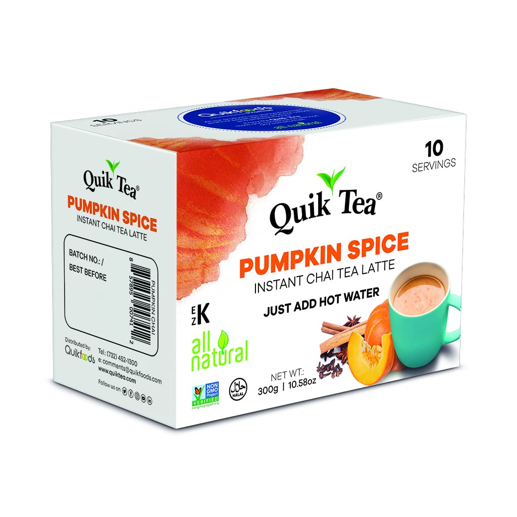 Quik Tea Pumpkin Spiced Masala Instant Chai Tea Latte Premix - 10 Count Single Box - All Natural Preservative Free Seasonal Convenient Chai
