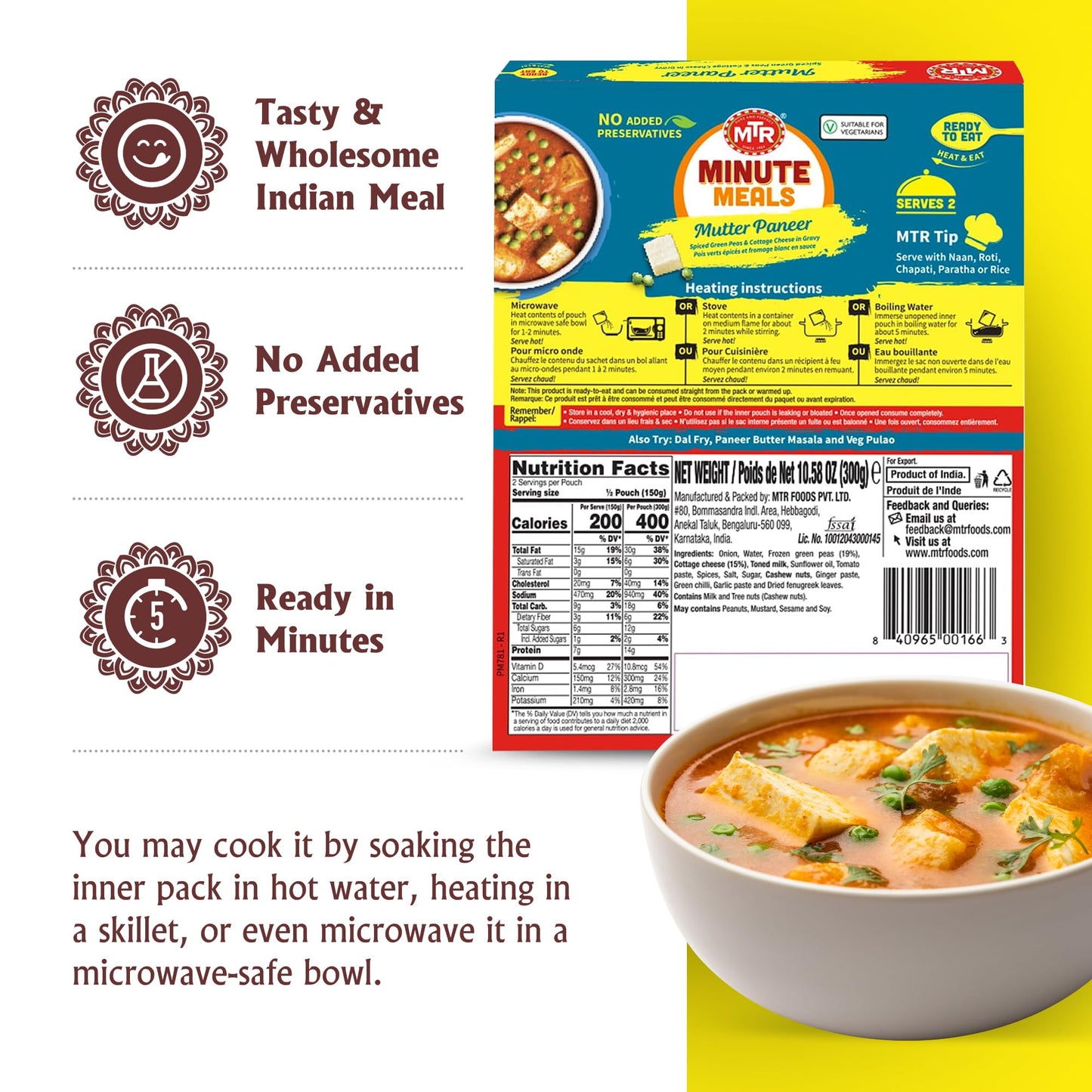 MTR Ready to Eat Mutter Paneer Masala | Spiced Green Peas and Cottage Cheese in Gravy | Pack of 6 (10.58 Oz Each) | Authentic Indian Food | Medium Spicy | Just Heat and Eat | No Preparation | No additives | Gluten Free