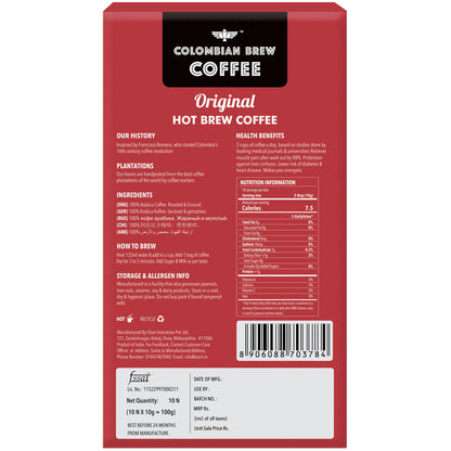 Colombian Brew Coffee Arabica Original Hot Brew 10 Bags, 10 Cups
