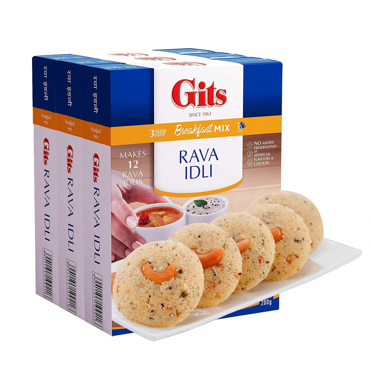 Gits Instant Mix Box - 600gm (Pack of 3 x 200gm ) | Ready to Cook Indian Breakfast/Lunch/Dinner/Snack Meal | No Artificial Colors, Flavors, Preservatives, 100% Vegetarian, Easy Recipe (Rava Idli)