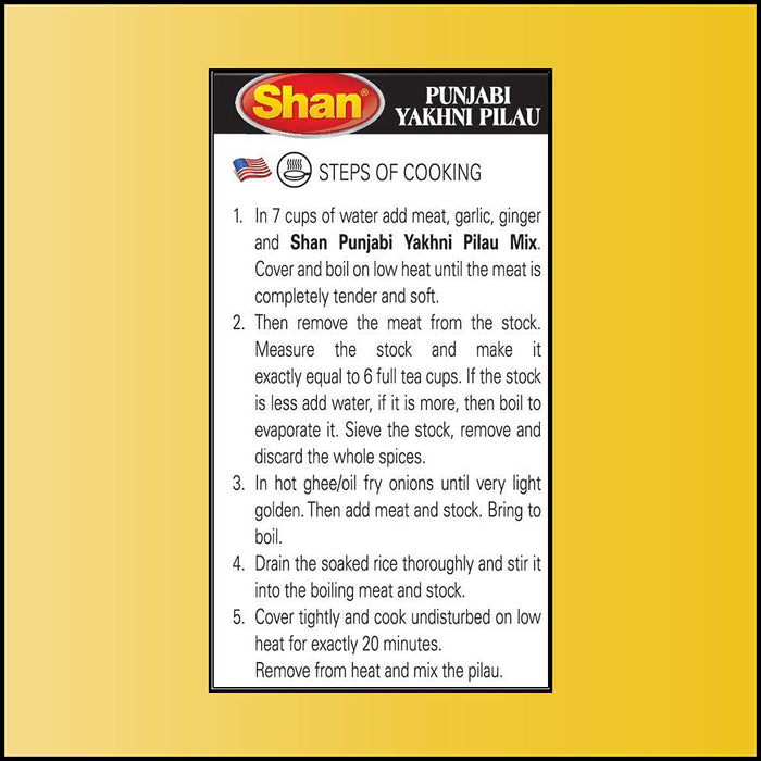 Shan Punjabi Yakhni Pilau Recipe and Seasoning Mix 1.76 oz (50g) - Spice Powder for Mild Punjabi Style Meat Pilaf - Suitable for Vegetarians - Airtight Bag in a Box