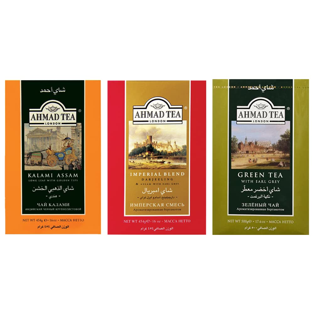 Ahmad Loose Leaf Tea Variety Pack with Imperial Blend Black Tea, Green Tea With Earl Grey & Kalami Assam Black Tea, 16 each (Pack of 3)
