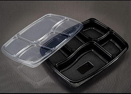 5 Compartment Black Disposable Plastic Plates w/ Lid- 100pcs