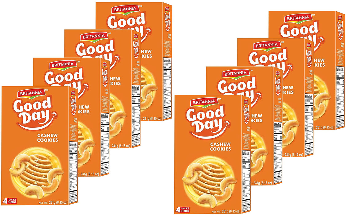 Britannia Good Day Cashew Cookies Family Pack 8.15oz (231g) - Breakfast & Tea Time Snacks - Delicious Grocery Cookies - Halal and Suitable for Vegetarians (Pack of 8)