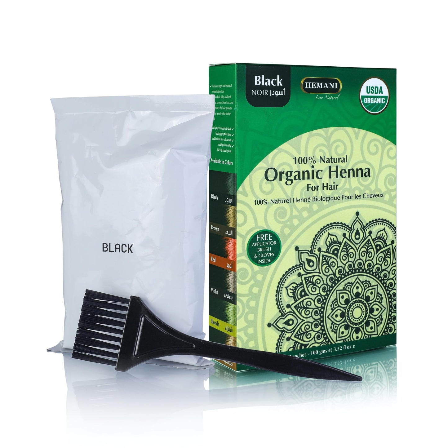 HEMANI Organic Hair Henna 3.5 OZ (100g) 100% Natural - Applicator Brush + Gloves Included (Black)