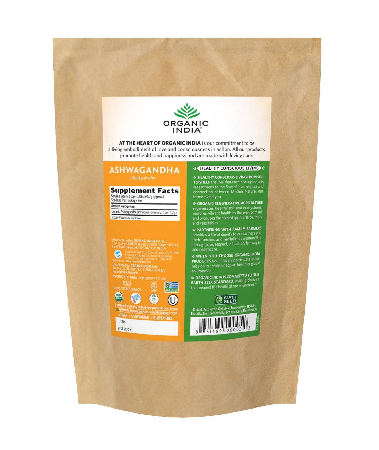 ORGANIC INDIA Ashwagandha Herbal Supplement Powder 1lb Bag