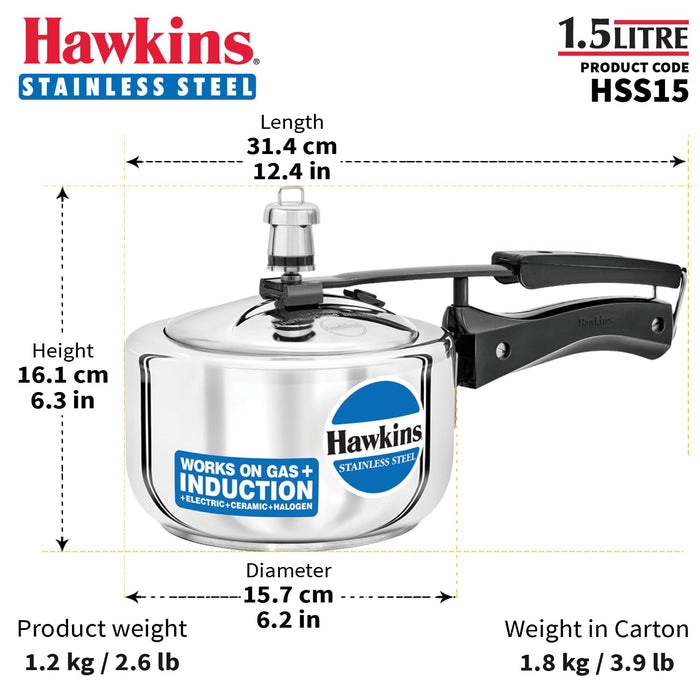 Hawkins Stainless Steel Pressure Cooker, 1.5 Liter, Silver