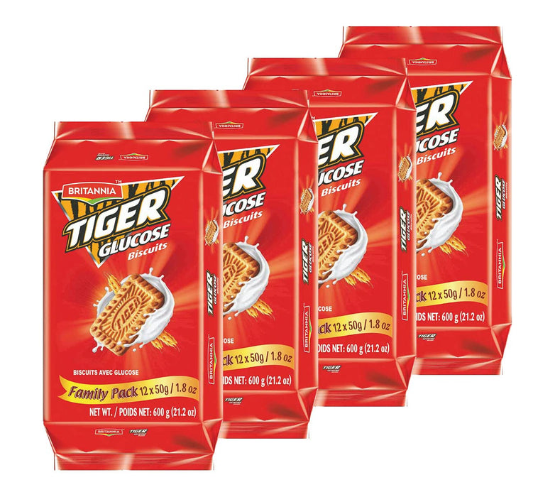 BRITANNIA Tiger Glucose Biscuits Family Pack 21.2oz (600g) - Healthy & Delicious - Kids Breakfast & Tea Time Snacks - Halal and Suitable for Vegetarians (Pack of 4)