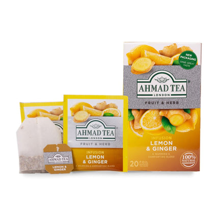 Ahmad Tea Sachet Infusion Foil-Enveloped Teabags, Lemon and Ginger, 20 Count (Pack of 6)