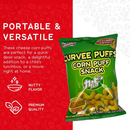 Shirakiku Curvee Corn Puff Snack | Natural and Artificial Flavor, Silicon dioxide, Palm oil, Wheat, Onion || Authentic Japanese Snacks in Cheese Flavor | 2.46 oz Pack of 2
