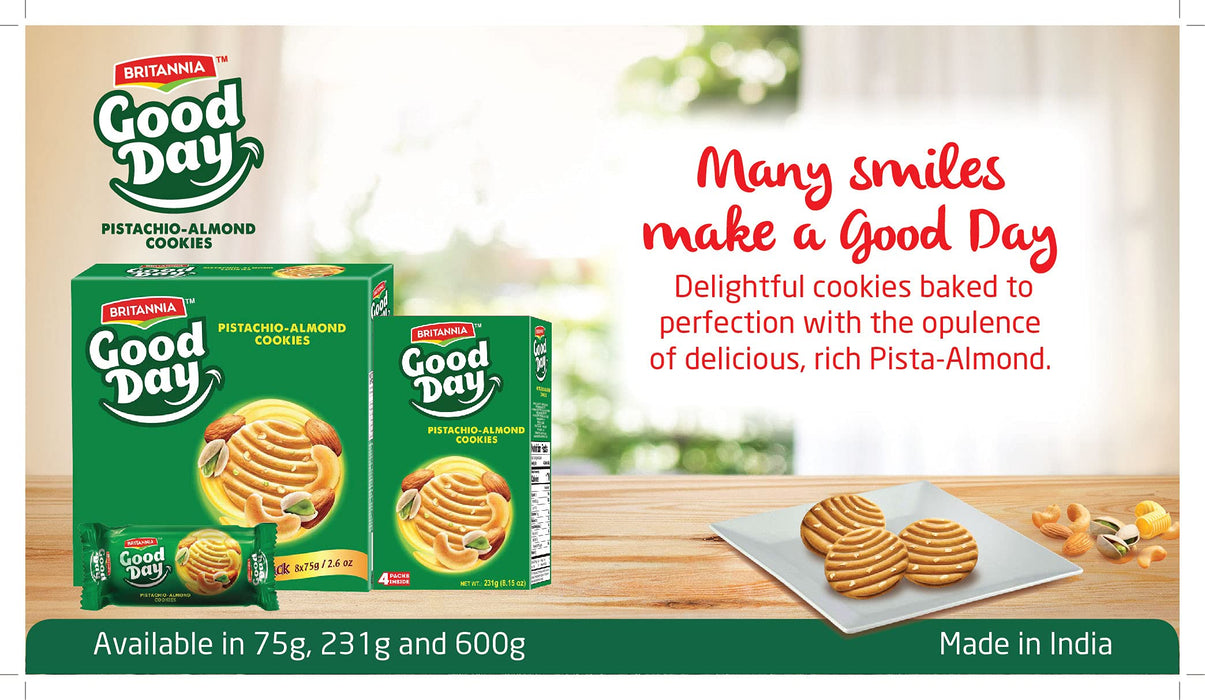 Britannia Good Day Pistachio-Almond Cookies 2.6oz (75g) - Rich and Delicious Grocery Cookies - Halal and Suitable for Vegetarian (Pack of 6)