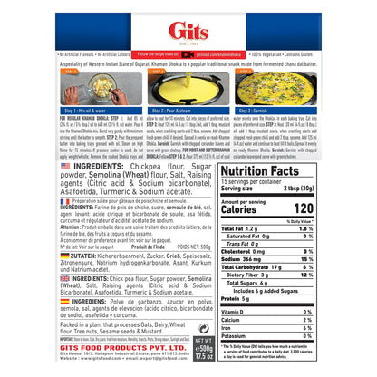 Gits Khaman Dhokla Instant mix 87.5 Oz (Pack of 5X17.5 Oz each) Ready to Cook Indian Breakfast, Snack Meal | 100% Vegetarian, Easy Recipe, No Artificial Colors, Flavors, Preservatives.