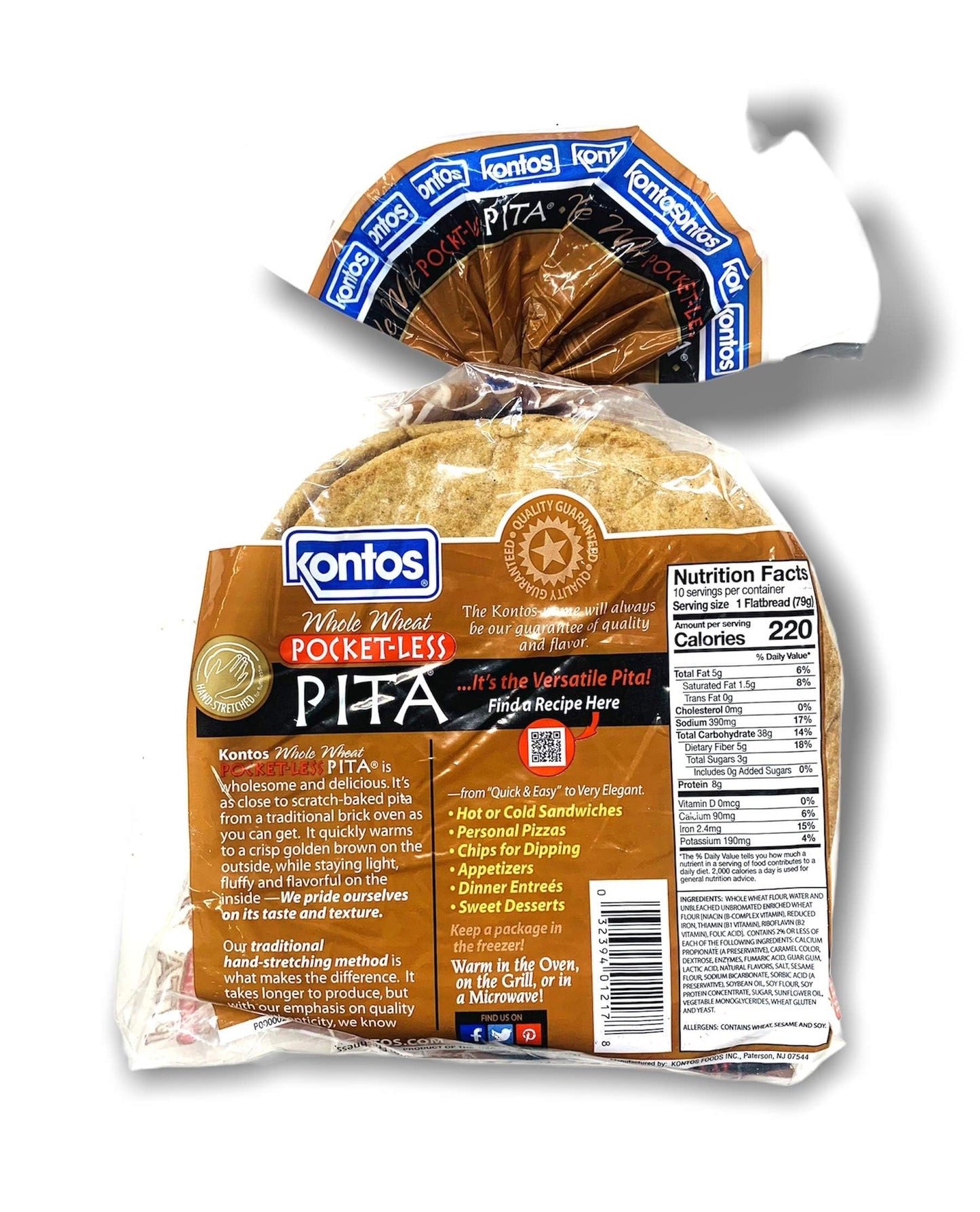 Kontos Bakery, Whole Wheat Smart Pockets Pita Bread, Low Sodium, Low Calorie, Naturally Vegan, Cholesterol Free ( 28oz, 10 Pita Breads Total)